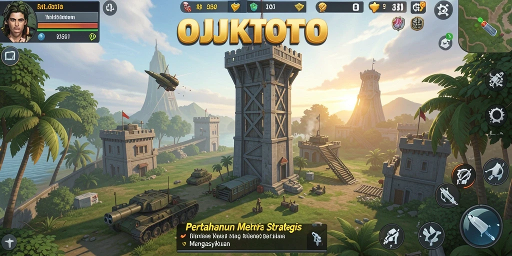 Tampilan permainan OJKTOTO dengan menara pertahanan yang strategis.